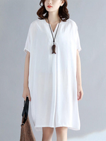 Loose Solid Color Short Sleeve V-Neck Pullover Dress For Women