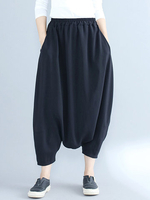 Loose Solid Elastic Waist Pockets Harem Pants For Women