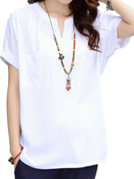 Loose Solid Short Sleeves V-Neck Slim Linen T-Shirt For Women
