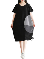Loose Striped Printed Short Sleeve Hem Drawstring Women Dress