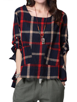 Loose Vintage Women Check Plaid Pocket High Low T-shirt