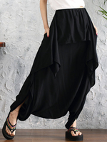 Loose Women Black Elastic Waist Pockets Irregular Harem Pants