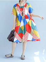 Loose Women Colorful Patch Printed Short Sleeve A-Line Dress