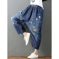 Loose Women Elastic Waist Hole Wide Leg Denim Pants