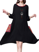 Loose Women Embroidery Pockets Stitching O-Neck Irregular Dress