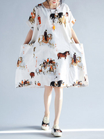 Loose Women Printed Short Sleeve O-Neck Pockets Dress