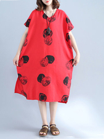Loose Women Printed V-Neck Short Sleeve Side Split Pockets Dress