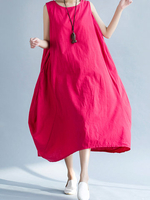 Loose Women Pure Color Sleeveless O-Neck Pockets Dress