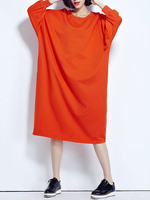 Loose Women Solid Long Sleeve O-neck Pockets Dress