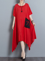 Loose Women Solid Short Sleeve O-Neck Irregular Dress