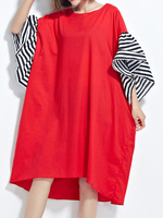 Loose Women Solid Stripe Sleeve Stitching Irregular Dress