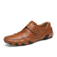 Men Genuine Leather Metal Button Decoration Stitching Slip On Loafers