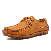 Men Genuine Leather Stitching Boat Shape British Style Lace Up Casual Shoes