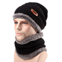 Men Knitted Slouch Beanie Hat Scarf Set Lining Coral Fleece Double Layers Warm Ski Outdoor Cap