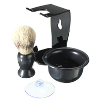 Men Shaving Kit Brush Suction Cup Stand Bowl Set Black