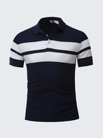 Men Summer Polo Shirt Contrast Color Striped Turn-down Collar Short Sleeve T-shirt