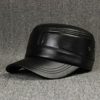 Men Women Black Genuine Sheepskin Military Cap Warm Ear Protaction Flat Top Hat