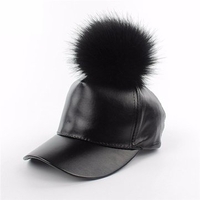 Men Women Black Leather Baseball Cap Adjustable Fur Ball Hat