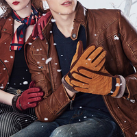 Men Women Couple Pigskin Leather Gloves Driving Cycling Bike Outdoor Coral Fleece Linen Mittens