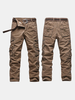 Mens Casual Cargo Pants Relaxed Fit Solid Color Multi-pockets Outdoor Cotton Trouser