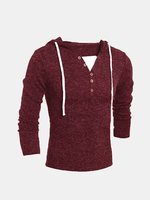 Mens Casual V-neck Buttons Knitted Hooded Sweater Solid Color Long Sleeve Pullover