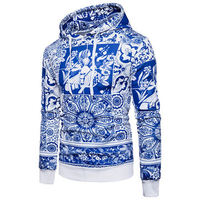 Mens Cotton Blue and White Porcelain Casual Hoodie