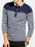 Mens Cotton Slim Fit Striped Long Sleeve Polo Shirt