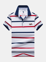 Mens Cotton Striped Printed Short Sleeve Turn-down Collar Casual Business Polo Shirt