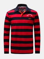 Mens Fall Winter Striped Printed Turn-down Collar Long Sleeve Thicken Casual Cotton Polo Shirt