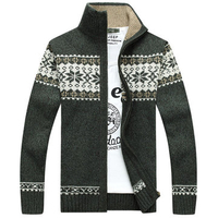 Mens Fall Winter Sweater Snowflake Pattern Knitted Thick Stand Collar Casual Cardigan