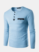 Mens Fashion Casual Contrast Color O-neck Buttons Long sleeve Comfortable Cotton T-shirts