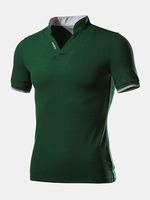 Mens Fashion Chinese Collar V-neck Solid Color Short Sleeve Casual T-shirt