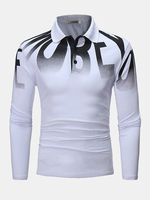 Mens Fashion Letter Printing Polo Shirt Spring Fall Long Sleeve Casual Cotton T-shirt