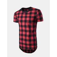 Mens Fashion Summer Long Style Plaid Pattern Side Zipper Round Neck Short Sleeve T-shirt