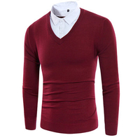 Mens Faux Twinset Shirt Collar Knit Blends Long Sleeve Fashion Sweater