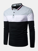 Mens Hit Color Casual Polo Shirt Printed Turn-down Collar Long Sleeve Cotton Tops