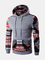 Mens Hoodies Ethnic Style Pattern Printing Stitching Front Pocket Sport Hooded Tops