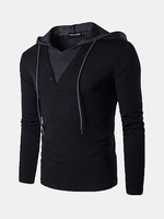 Mens Hoodies Stiching Color Hood Fashion Drawstring Buttons Casual Sport Hooded Tops