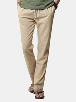 Mens Linen Solid Color Casual Soft Long Trousers Flax Leisure Pants