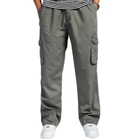 Mens Multi-pocket Cotton Cargo Pants Elastic Waist Loose Fit Solid Color Casual Trousers