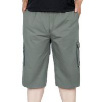 Mens Multi-pocket Solid Color Elastic Waist Loose Fit Calf-length Casual Cotton Cargo Shorts