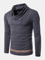 Mens National Style Printed Hem Pile Heap Collar High Collar Long Sleeve Casual Cotton T-shirt