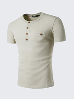 Mens Round Neck Buttons Breathable Cotton Blend T-shirt Short Sleeve Spring Summer Casual Tops