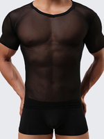 Mens Sexy Fitness Tops Perspective Tight Breathable Short sleeve Round Neck Sports T-shirt