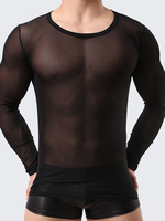 Mens Sexy Mesh Visible Breathable Slim Fit Crew Neck Long Sleeve T-shirt