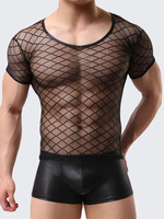 Mens Sexy Visible Rhombic Mesh Design Slim Fit Round Neck Short Sleeve Performance Wear T-shirt