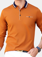 Mens Solid Turn-down Collar Long Sleeve Polo Shirt