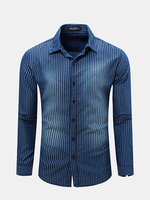 Mens Spring Blue White Stripe Turndown Collar Long Sleeve Slim Fit Shirts