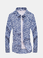 Mens Spring Fall Blue White Floral Printing Turndown Collar Long Sleeve Slim Fit Casual Shirts