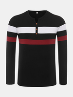 Mens Stripe Printed Buttons Cotton Tops Long Sleeve O-neck Casual T-shirt